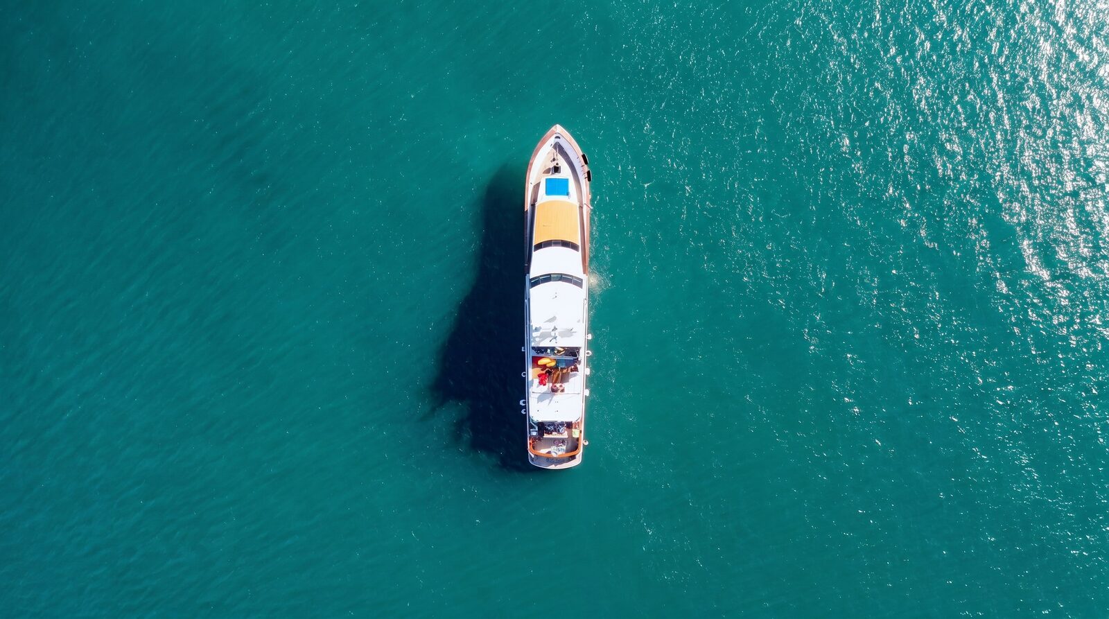 Top-down aerial view of Sea Tiger on jade Hong Kong waters