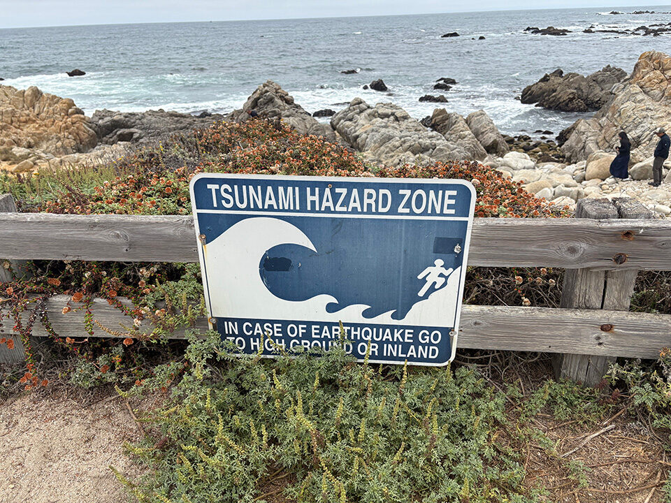 A coastal tsunami evacuation route sign