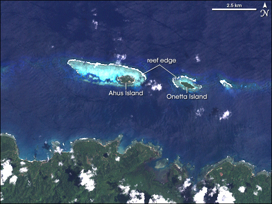 Satellite view of coral reefs around Manus Province, Papua New Guinea